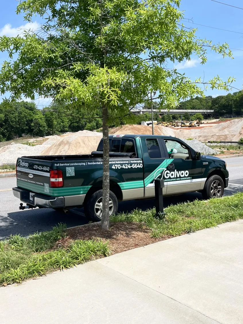 Galvao Landscaping truck side and rear branding with phone number