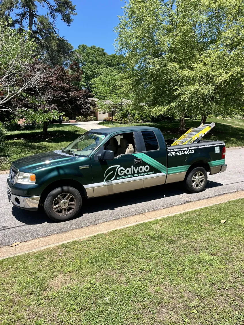 Galvao Landscaping branded truck on a residential job in Atlanta